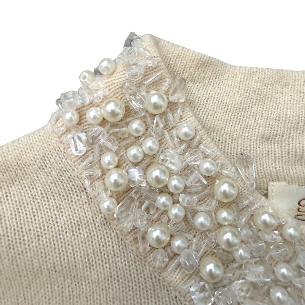 VTG Peck & Peck Cashmere Beaded Pearl Embellished Zip Cardigan Sweater M Cream - Picture 4 of 8